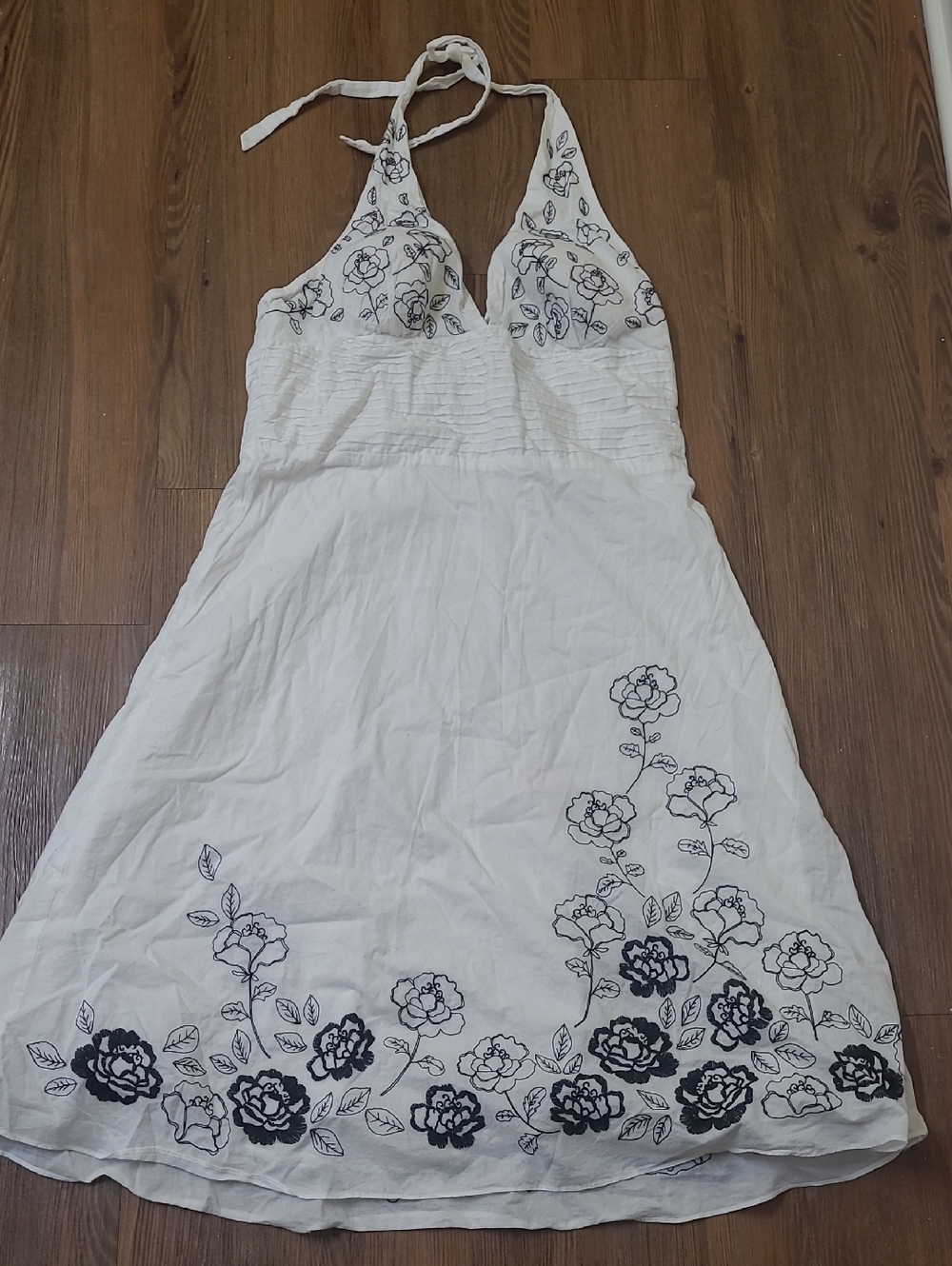 White Halter Sundress with Black Floral Embroidery 100% cotton used good.